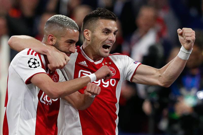 Ajax Hakim Ziyech, left, made it 2-0 with a left-foot strike on 35 minutes to put Ajax 3-0 up on aggregate. AFP