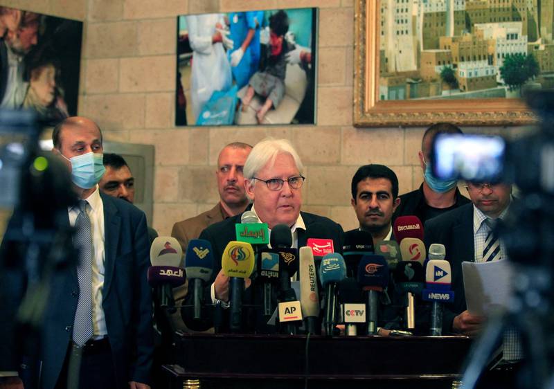 UN Special Envoy for Yemen Martin Griffiths speaks during a press conference at Sanaa's international airport in the Yemeni capital Sanaa on May 31, 2021. / AFP / MOHAMMED HUWAIS
