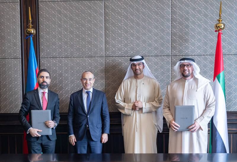 From left: Rovshan Najaf, President of Socar; Mikayil Jabbarov, Azerbaijan's Minister of Economy; Dr Sultan Al Jaber, UAE Minister of Industry and Advanced Technology and chairman of Masdar; and Mohamed Al Ramahi, chief executive of Masdar. Photo: Masdar