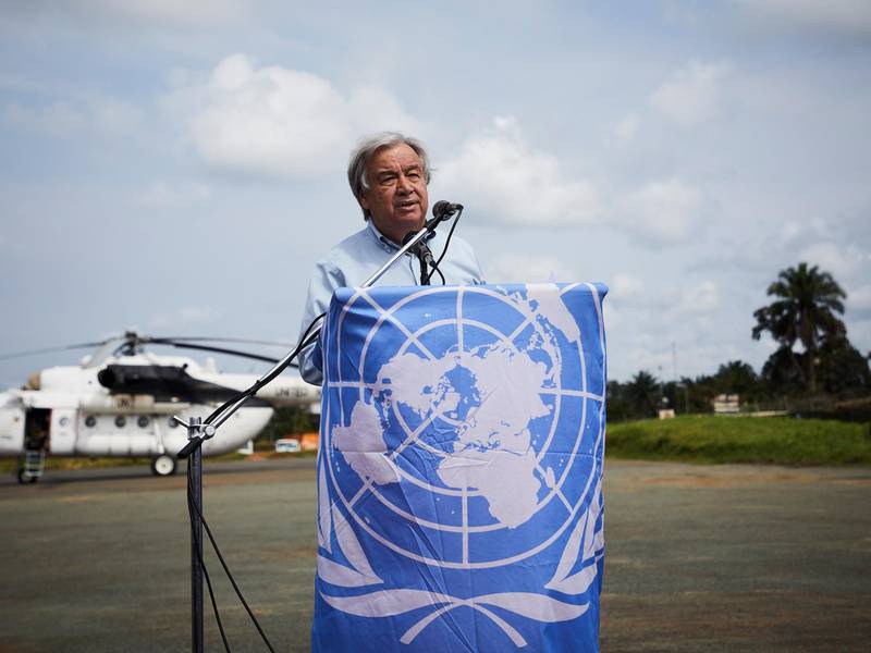 epa07810241 United Nations Secretary General Antonio Guterres delivers a speech as he arrives in Beni, North Kivu province, Democratic Republic of the Congo, 01 September 2019. UN chief visited an Ebola treatment center Mangina in North Kivu, the epicenter of Congo's current Ebola epidemic that claimed more than 2,000 lives.  EPA/HUGH KINSELLA CUNNINGHAM
