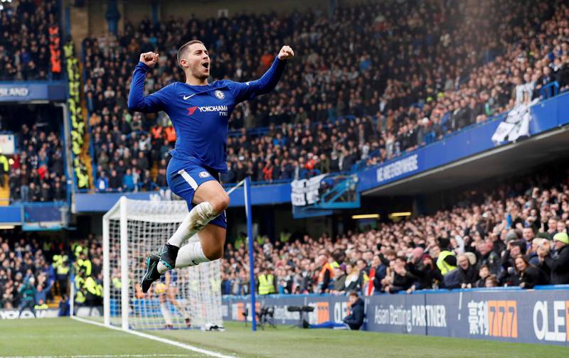 Soccer Football - Premier League - Chelsea vs Newcastle United - Stamford Bridge, London, Britain - December 2, 2017   Chelsea's Eden Hazard celebrates scoring their first goal    REUTERS/David Klein    EDITORIAL USE ONLY. No use with unauthorized audio, video, data, fixture lists, club/league logos or "live" services. Online in-match use limited to 75 images, no video emulation. No use in betting, games or single club/league/player publications. Please contact your account representative for further details.     TPX IMAGES OF THE DAY