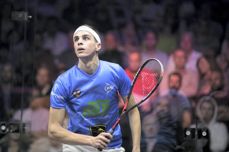 DUBAI, UNITED ARAB EMIRATES - JUNE 10, 2018. Egypt's Mohamed ElShorbagy, orange, has defended his crown after coming back from a game down to beat compatriot and World No.2 Ali Farag, blue, to complete a thrilling day of final action in Dubai.The finals of the ATCO PSA Dubai World Series Finals today saw the world’s top four players in two all-Egyptian battles.In the women's match, Egypt’s World No.1 Nour El Sherbini, has taken the honors in the women’s ATCO PSA Dubai World Series Finals after overcoming compatriot Raneem El Welily, by a 3-1 margin inside Emirates Golf Club.(Photo by Reem Mohammed/The National)Reporter: Amith PasathSection: SP