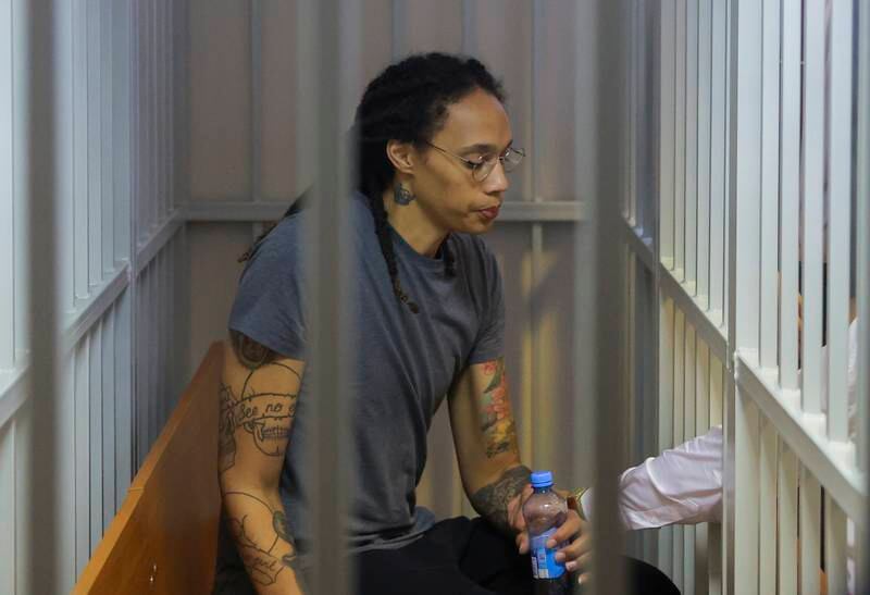 US basketball player Brittney Griner sits in the courtroom in Khimki City, outside Moscow. EPA