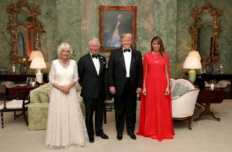 Donald Trump and first lady Melania Trump host a dinner for Britain's Charles, Prince of Wales and Camilla, Duchess of Cornwall, at Winfield House, during their state visit in London. Reuters