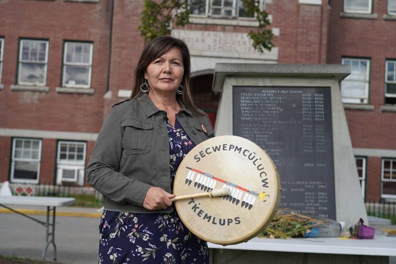 Chief Rosanne Casimir of the Tk'emlups te Secwepemc First Nation poses in front of the former Kamloops Indian Residential School in British Columbia,Canada. Willy Lowry / The National