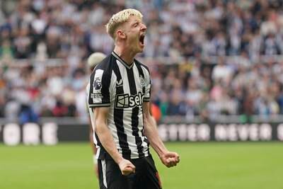 Newcastle United's Anthony Gordon celebrates after scoring the first goal. PA 