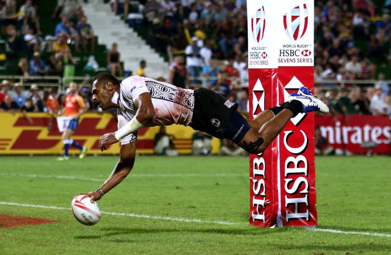 Jasa Veremalua of Fiji scores a try against England in the Cup Final during the Emirates Dubai Rugby Sevens. Warren Little / Getty Images