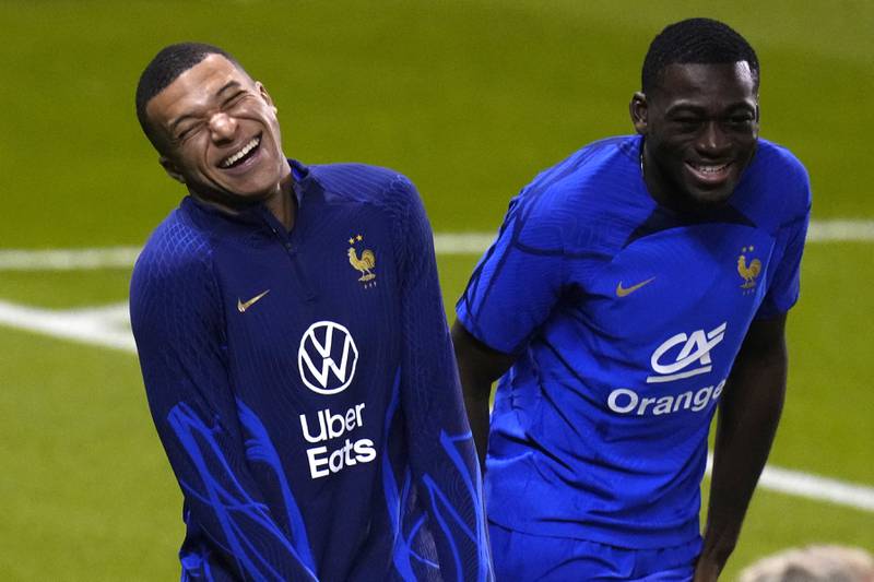 France's Kylian Mbappe, left, and Youssouf Fofana during their training session at the Jassim Bin Hamad stadium in Doha ahead of the World Cup 2022 final against Argentina. AP