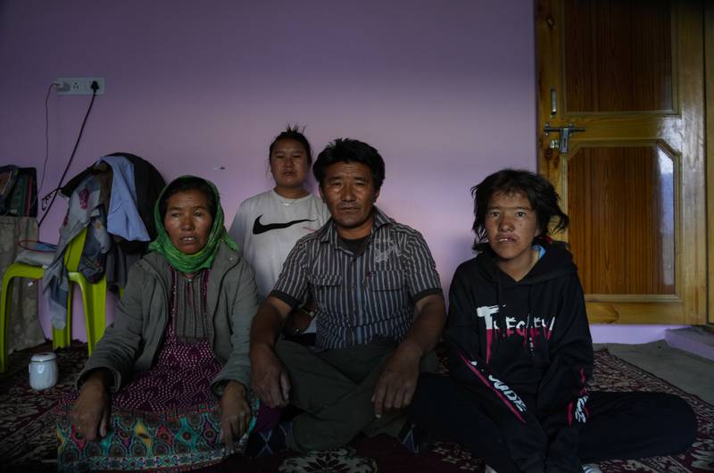 Sonam Kunkhen, left, her husband Konchok Dorjey, centre, and daughters Jigmet Dolma and Rigzen Angmo at home in Kharnakling near Leh.