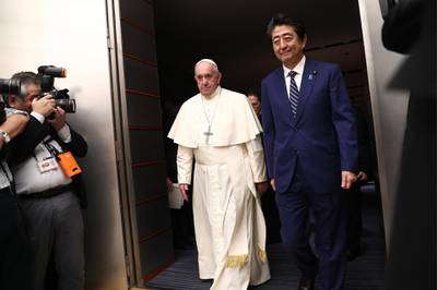 Pope Francis and Shinzo Abe in 2019. AFP