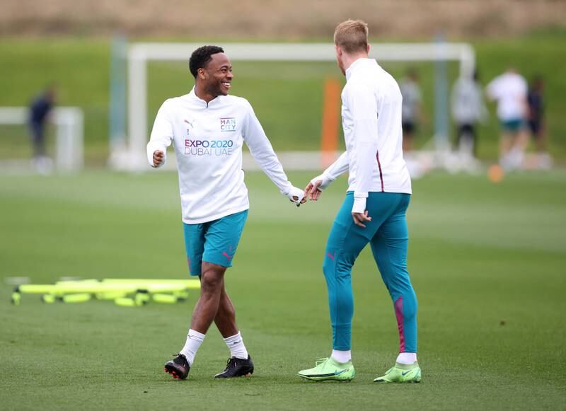 Manchester City's Raheem Sterling and Kevin De Bruyne during training on Tuesday. Reuters