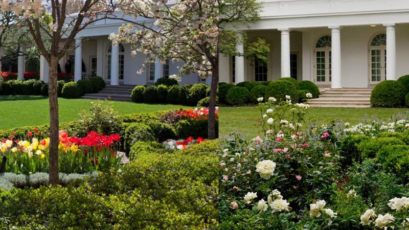 The Rose Garden in 2011, left, and then in 2020 after Melania Trump's overhaul. Courtesy The White House