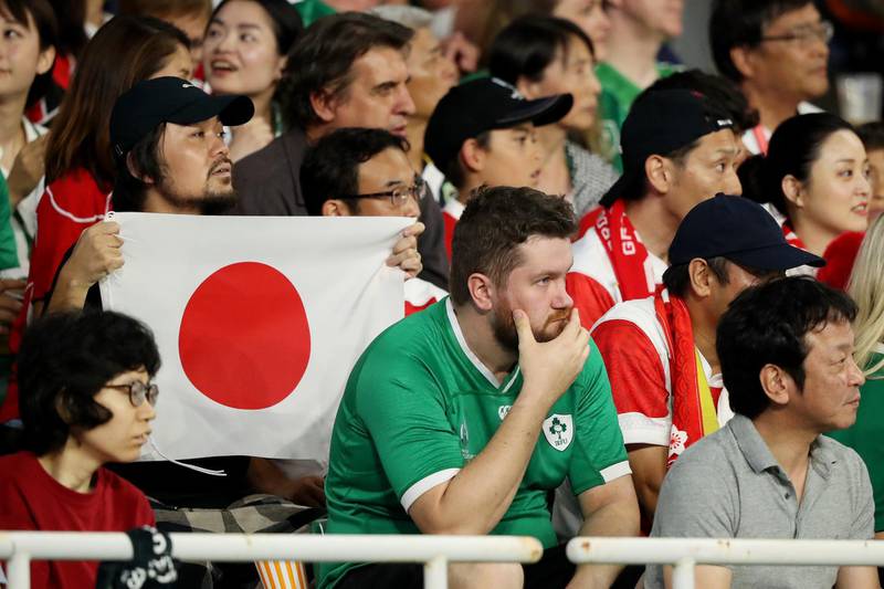 An Ireland fan looks frustrated during the Rugby World Cup 2019 Group A game between Japan and Ireland at Shizuoka Stadium Ecopa in Fukuroi, Shizuoka, Japan. Getty Images
