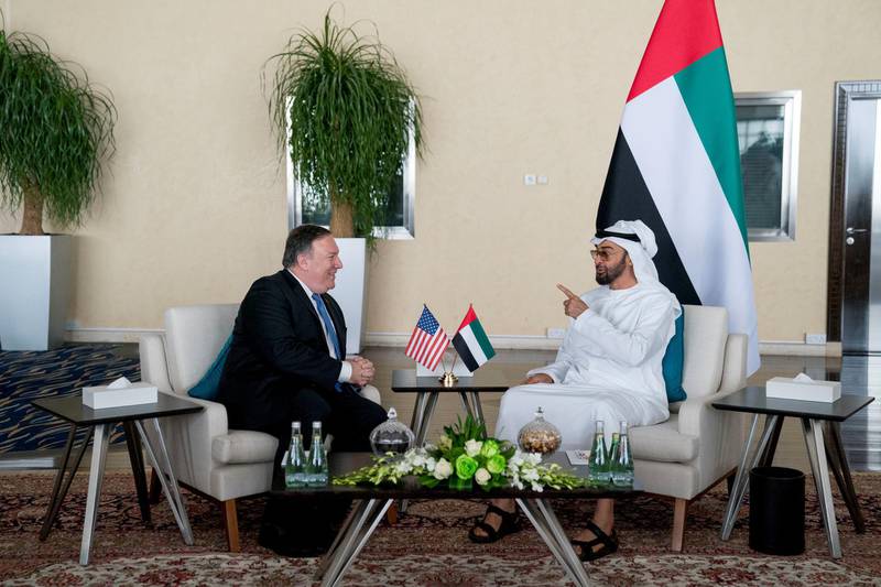 Sheikh Mohammed bin Zayed, Crown Prince of Abu Dhabi and Deputy Supreme Commander of the UAE Armed Forces, met US Secretary of State Mike Pompeo at the Al Shati Palace in Abu Dhabi, on July 10, 2018. Reuters