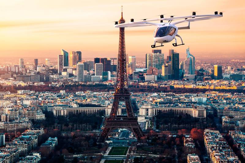 A rendering of the VoloCity flying over Paris. Courtesy: Volocopter