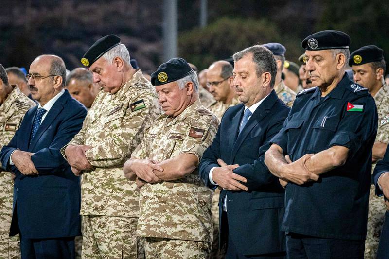Jordan's King Abdullah II, centre, performs Maghrib sunset prayers before an iftar meal hosted by the General Command of the Jordanian Armed Forces in Amman. AFP