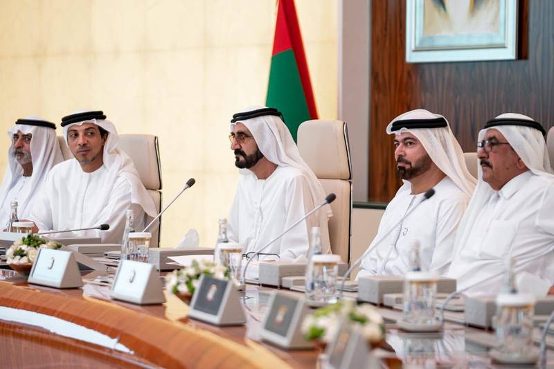 Sheikh Mohammed bin Rashid, Prime Minister and Ruler of Dubai, chairs a UAE Cabinet meeting in Abu Dhabi on Sunday. Courtesy Sheikh Mohammed bin Rashid Twitter