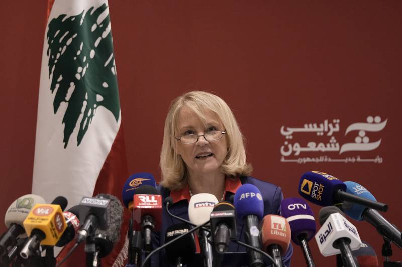 Tracy Chamoun announces her candidacy in Lebanon's coming presidential election, in Beirut, on Monday.  AP