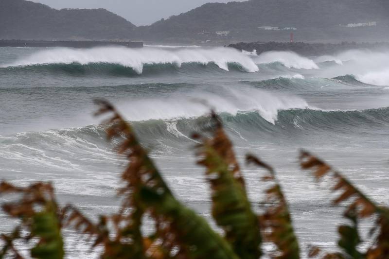 Waves crash on the coast as Typhoon Haishen approaches in Makurazaki, Kagoshima prefecture.   AFP