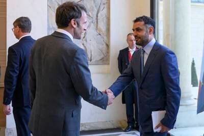 Sheikh Mohammed bin Hamad, Adviser for Special Affairs at the Presidential Court, is received by Mr Macron