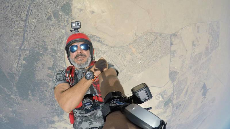 Fareed Lafta skydives over the Pyramids in Egypt this year. Courtesy Fareed Lafta