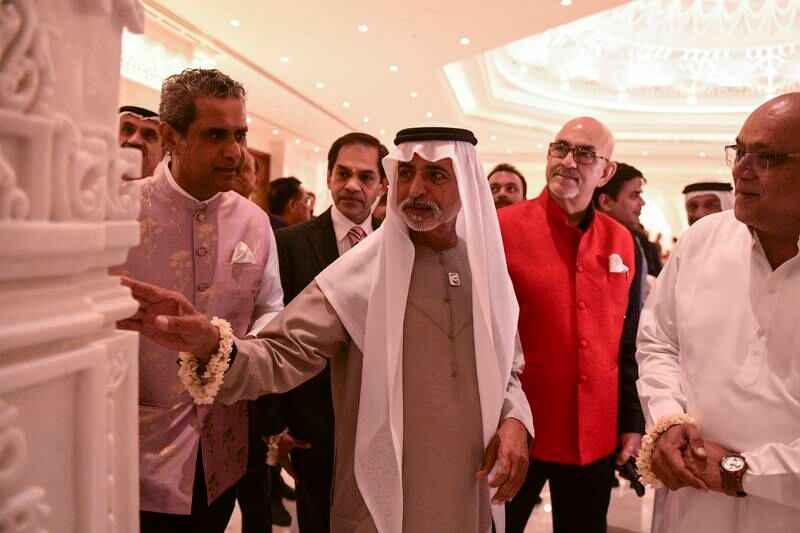 Sheikh Nahyan bin Mubarak, Minister of Tolerance and Coexistence, is given a tour of the new Hindu temple in Jebel Ali by Raju Shroff, trustee of the Sindhi Guru Darbar.  All photos: Khushnum Bhandari / The National