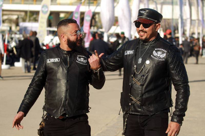 Leathers? Any colour as long as it's black. Bikers at a rally in the Mediterranean port city of Benghazi.