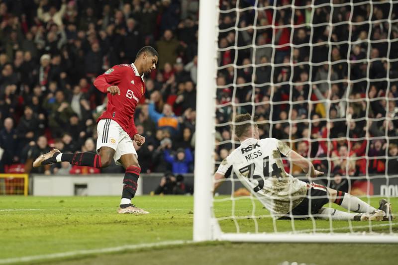 Marcus Rashford celebrates after scoring United's second goal. AP