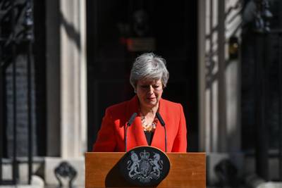 FILE: Theresa May, U.K. prime minister, reacts as she delivers a speech announcing her resignation outside number 10 Downing Street in London, U.K., on Friday, May 24, 2019. An emotional Theresa May announced she will quit as Britain’s prime minister after admitting she had failed to deliver the one task that defined her time in office -- taking the country out of the European Union. Photographer: Chris J. Ratcliffe/Bloomberg