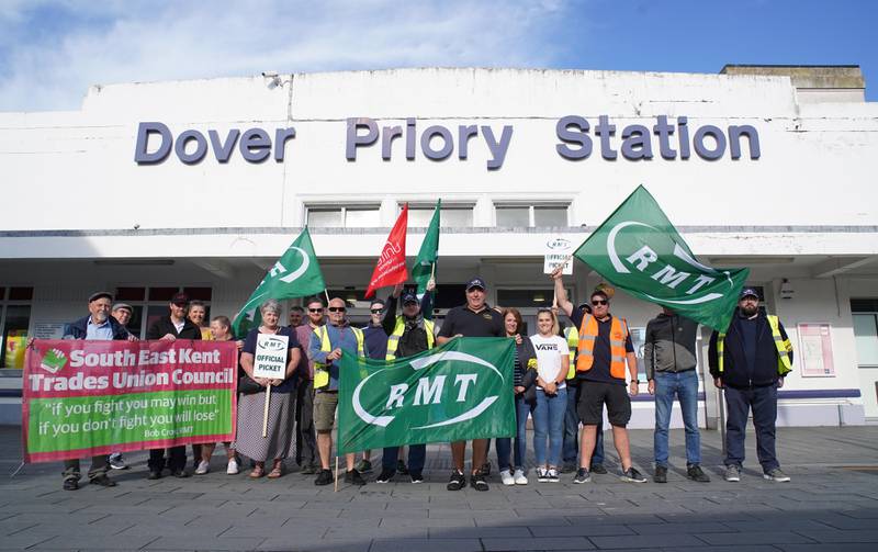 A picket line outside Dover Priory station in Kent, south-east England. PA