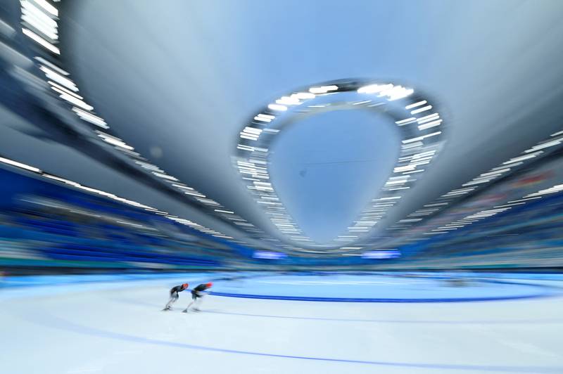 Skaters take part in a training session at the National Speed Skating Oval in Beijing, ahead of the 2022 Beijing Winter Olympic Games. AFP