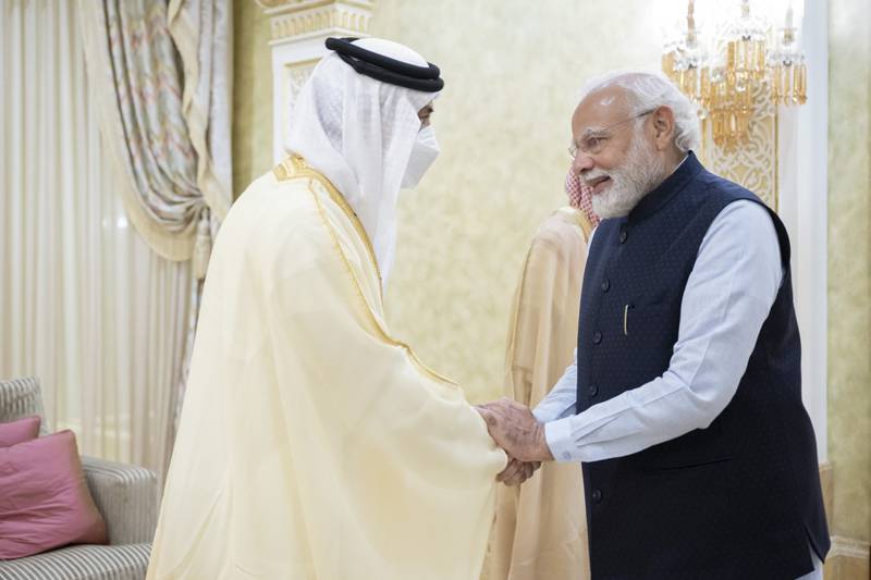 Sheikh Mansour bin Zayed, Deputy Prime Minister and Minister of Presidential Affairs, greets Mr Modi.