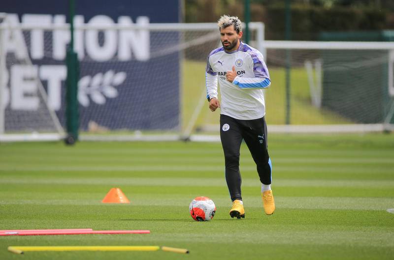 MANCHESTER, ENGLAND - MAY 23: Manchester City's Sergio Aguero in action during training at Manchester City Football Academy on May 23, 2020 in Manchester, England. (Photo by Tom Flathers/Manchester City FC via Getty Images)