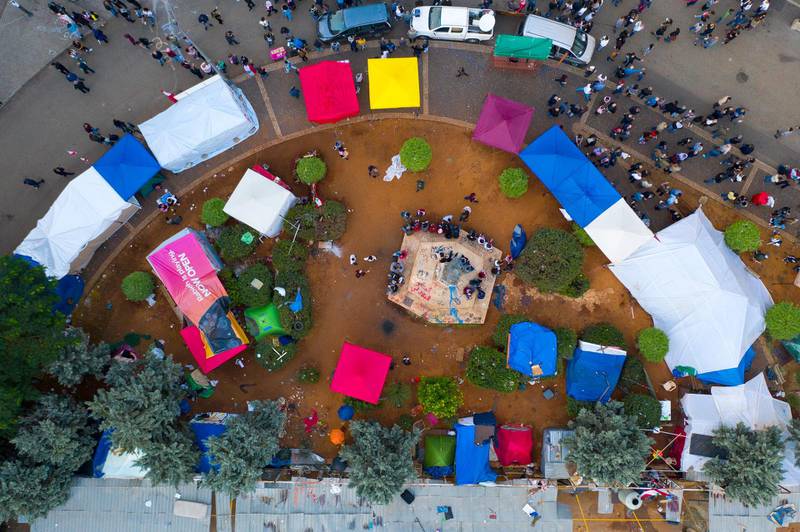 An aerial view shows the camp of Lebanese protesters in Riad Solh in downtown Beirut.  EPA