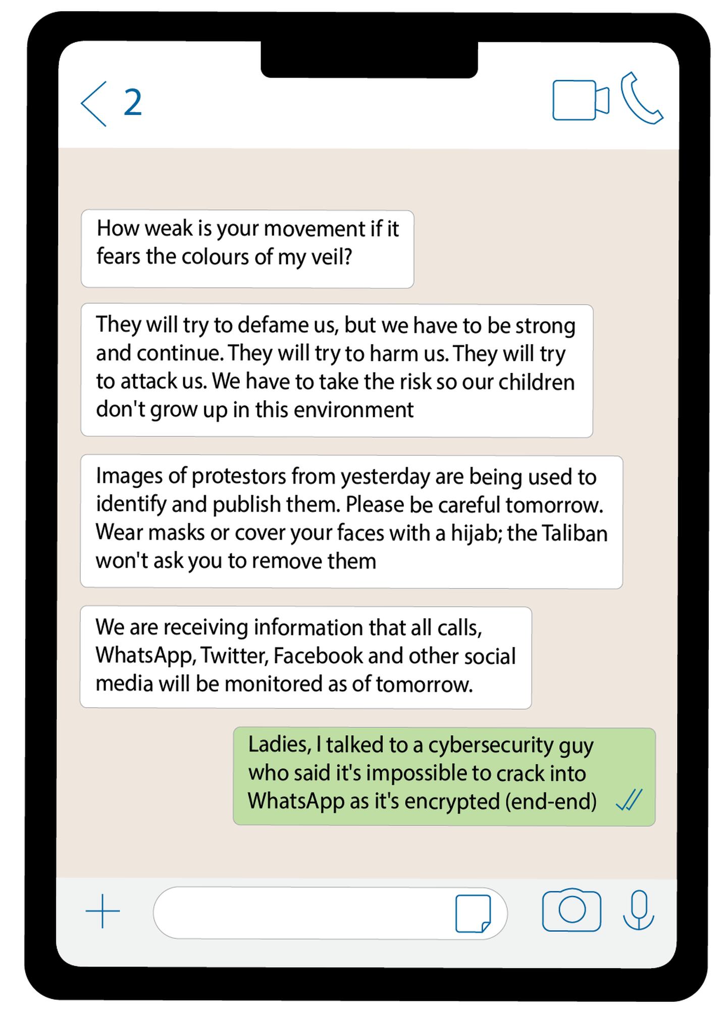 An illustration of messages sent on Afghan women's WhatsApp groups