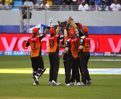 Sunrisers Hyderabad celebrate during their Indian Premier League match against the Delhi Daredevils at Dubai International Stadium on April 25, 2014. Jeffrey E Biteng / The National