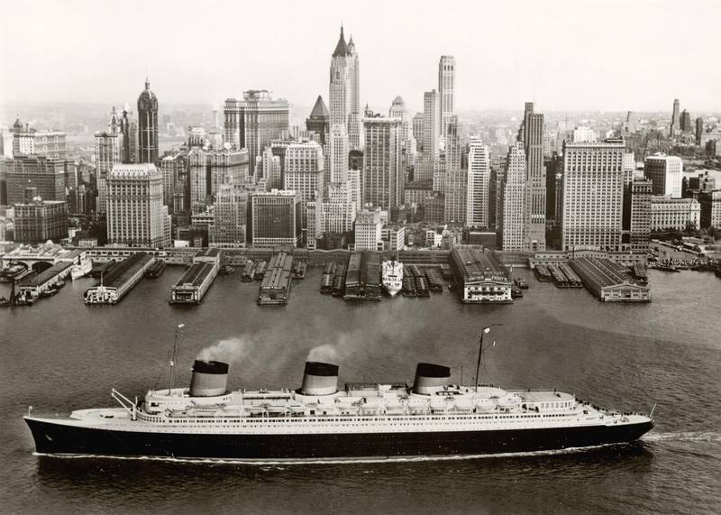 Normandie in New York, 1935-9. Courtesy Collection French LinesNOTE: For Ocean Liners: Speed & Style exhibition at Victoria & Albert Museum