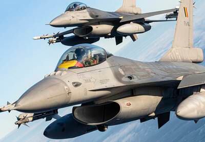 A Belgian Air Force F-16 fighter jet participates in Nato's Baltic Air Policing Mission in Lithuanian airspace. AP