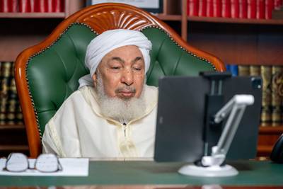 ABU DHABI, UNITED ARAB EMIRATES - April 19, 2021: HE Sheikh Abdullah bin Bayyah, Chairman of the United Arab Emirates Fatwa Council, delivers an online lecture titled “Spirit of a Nation: Community of Many Faiths”, during the online series of Majlis Mohamed bin Zayed. 

( Hamad Al Mansoori for the Ministry of Presidential Affairs )
---