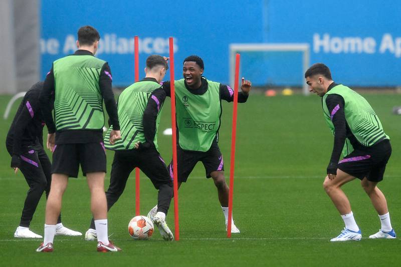 Barcelona midfielder Ansu Fati, second right, trains with teammates. AFP