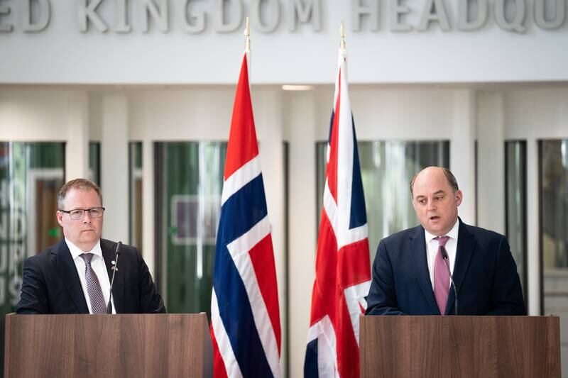 UK Defence Secretary Ben Wallace, right, at a press conference with Norway's Bjorn Arild Gram, on Thursday.  PA