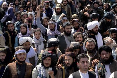 Taliban fighters and supporters in Kabul. AP Photo