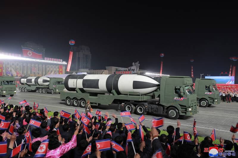 A Pukguksong-5 missile displayed at the parade. EPA