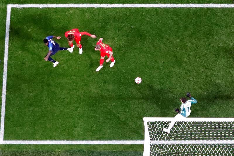 France's Samuel Umtiti header flies towards Belgium's Thibaut Courtois' goal to make it 1-0 to France. Reuters