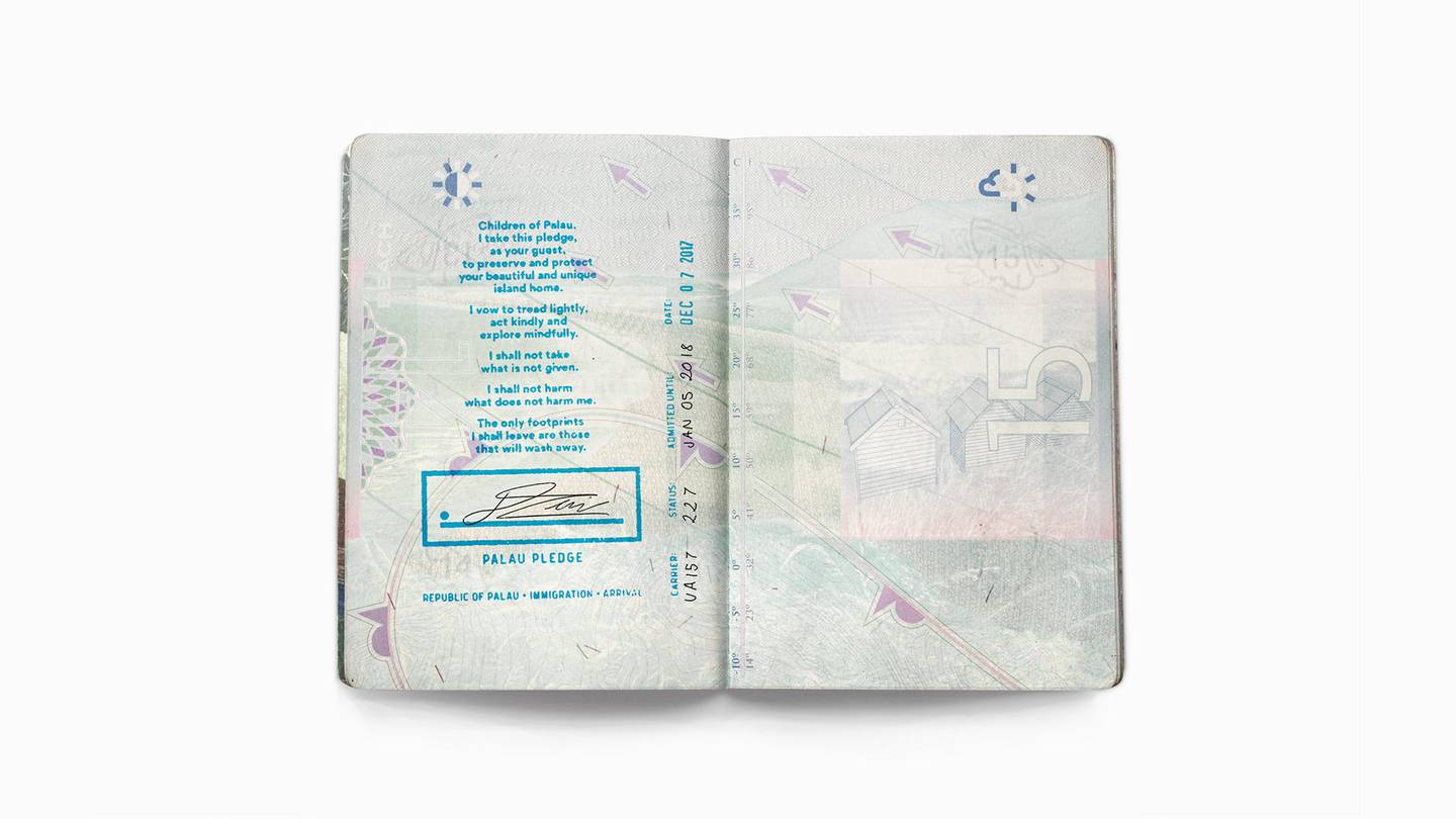 The Palau Pledge is stamped in the passport of every visitor to the Micronesian nation. Visitors must sign the pledge and promise to tread lightly on the land.. Courtesy The Palau Legacy Project