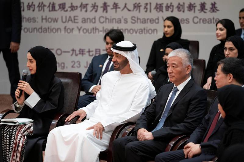 BEIJING, CHINA - July 23, 2019: HH Sheikh Mohamed bin Zayed Al Nahyan, Crown Prince of Abu Dhabi and Deputy Supreme Commander of the UAE Armed Forces (2nd L), attends the UAE-China youth symposium, at Tsinghua University Seen with HE Shamma Suhail Al Mazrouei, UAE Minister of State for Youth Affairs (L) and Yang Bin, Vice President of Tsinghua University (3rd L).

( Hamed Al Mansoori for the Ministry of Presidential Affairs )
---
