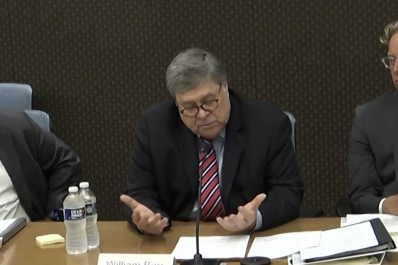 Former attorney general William Barr speaks during a video deposition, in which he described stolen election claims as false. AP