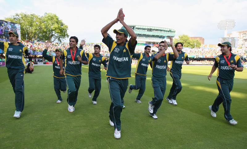 Mohammad Amir leads Pakistan team's celebrations after their victory in 2009 T20 World Cup final against Sri Lanka in London. Getty
