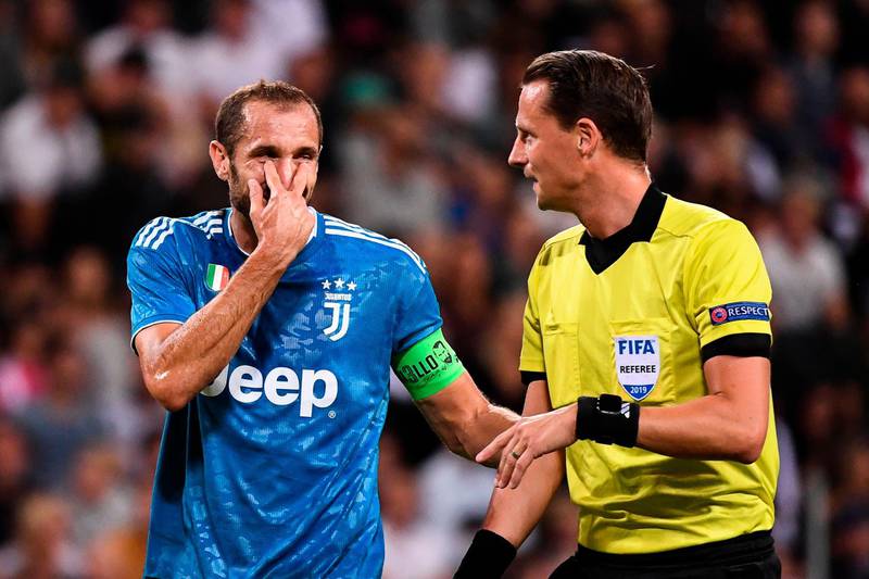 Juventus' defender Giorgio Chiellini reacts during the match in Sweden. AFP