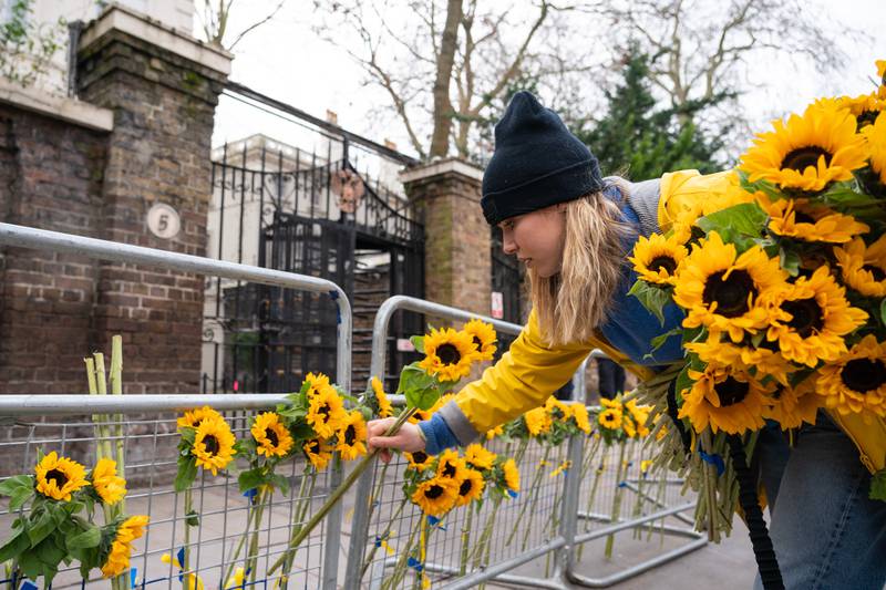 A group of people supporting the Sunflower of Peace charity organisation place sunflowers outside the Russian Embassy in west London on Thursday. PA